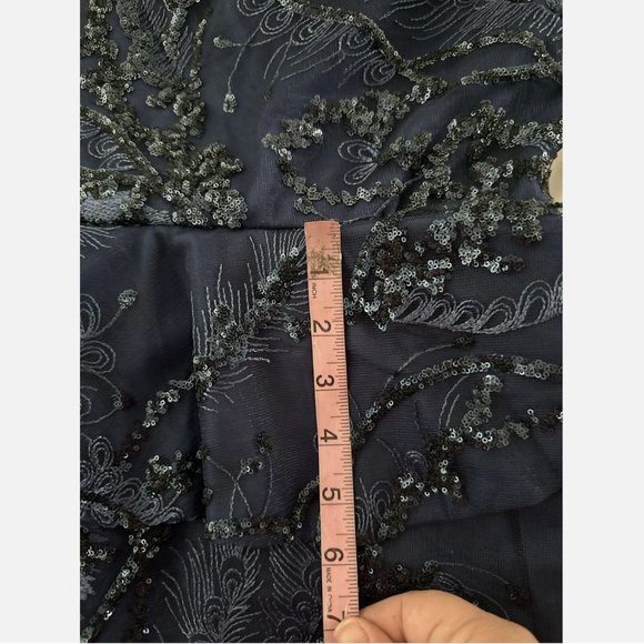 NWT $498 Mac Duggal [‎ PLUS 18W ] Embellished Peplum Midi Sheath Dress Blue - Picture 5 of 15